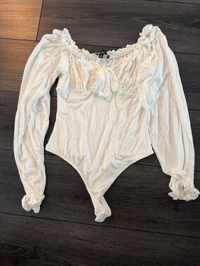Lulu's White Off-Shoulder Long Sleeve Bodysuit with Tie Front